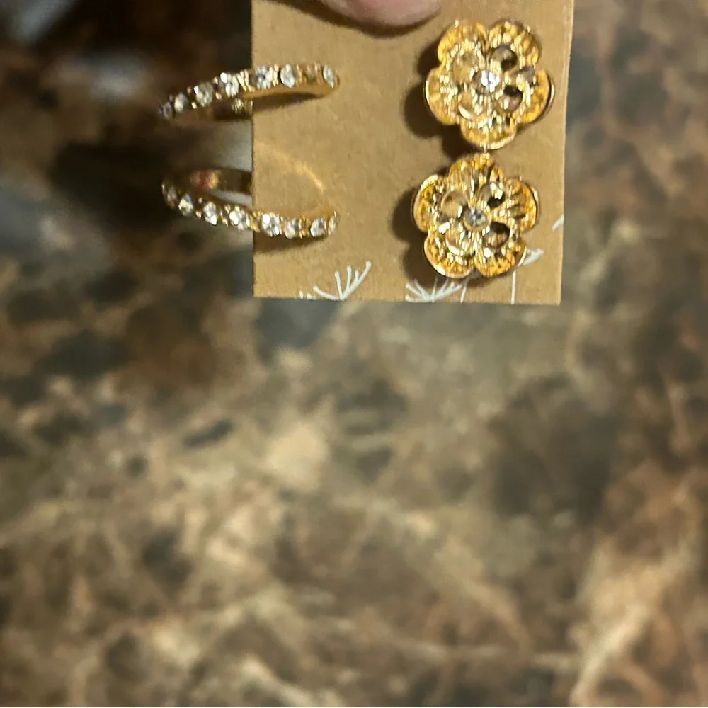 Gold tone Flower Earrings with rhinestone accents set of two pairs